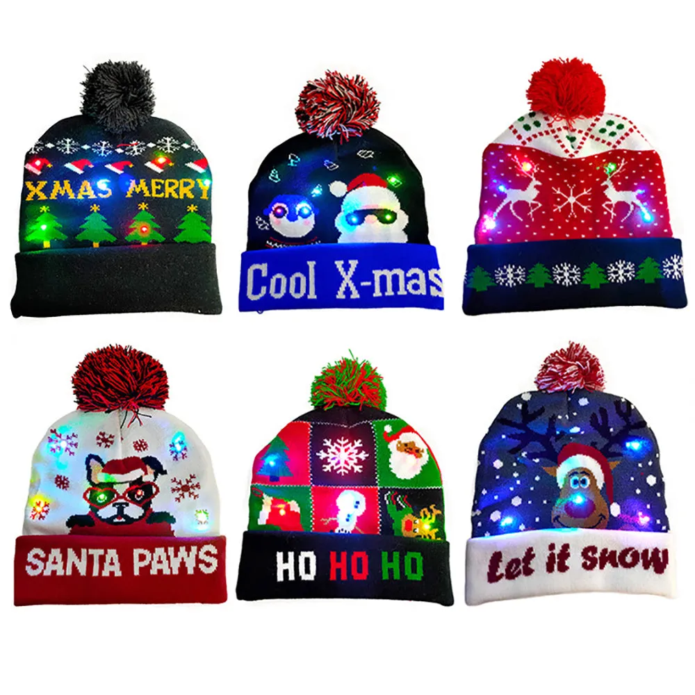 LED Christmas Theme Xmas Beanie Knitted Hat - Battery Operated