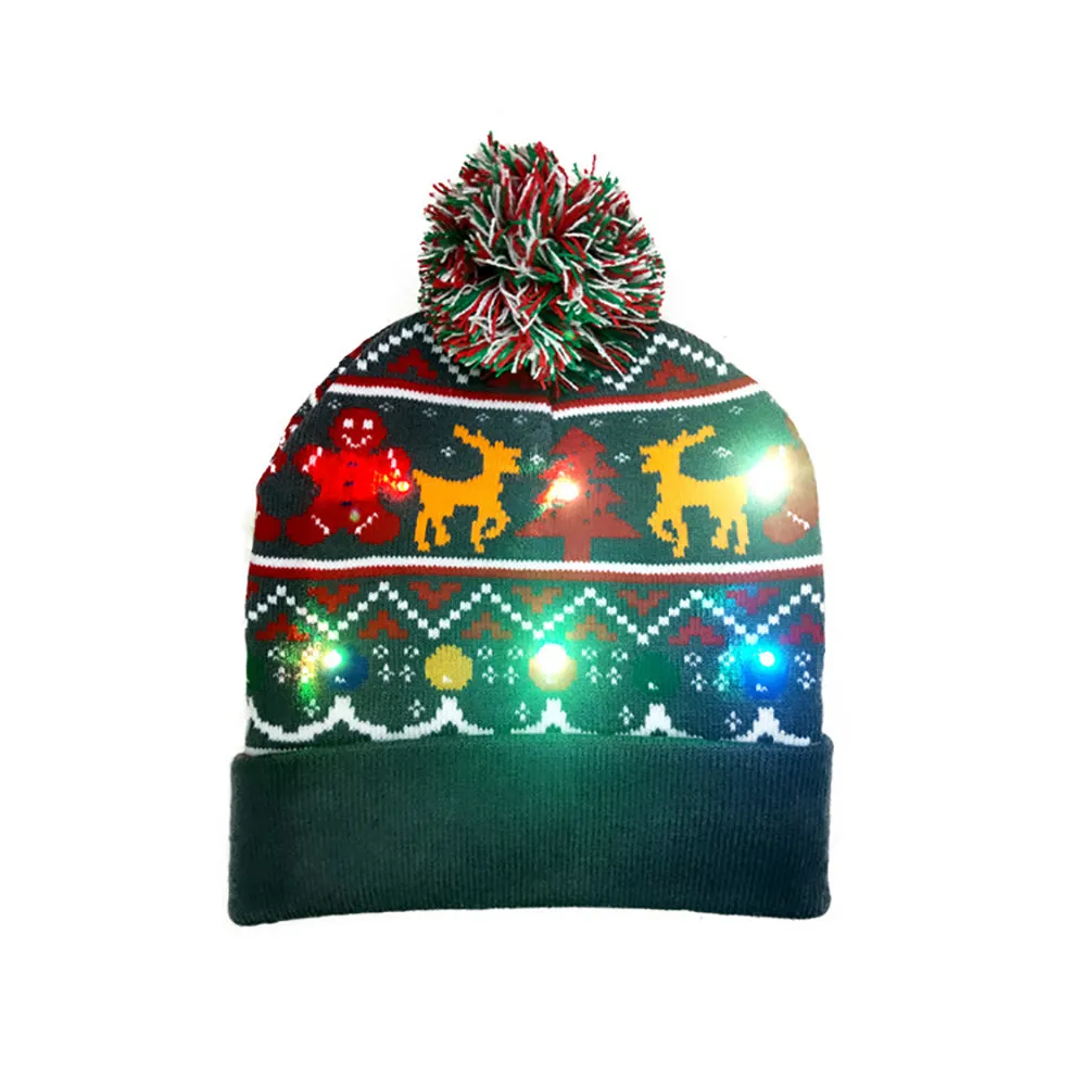 LED Christmas Theme Xmas Beanie Knitted Hat - Battery Operated