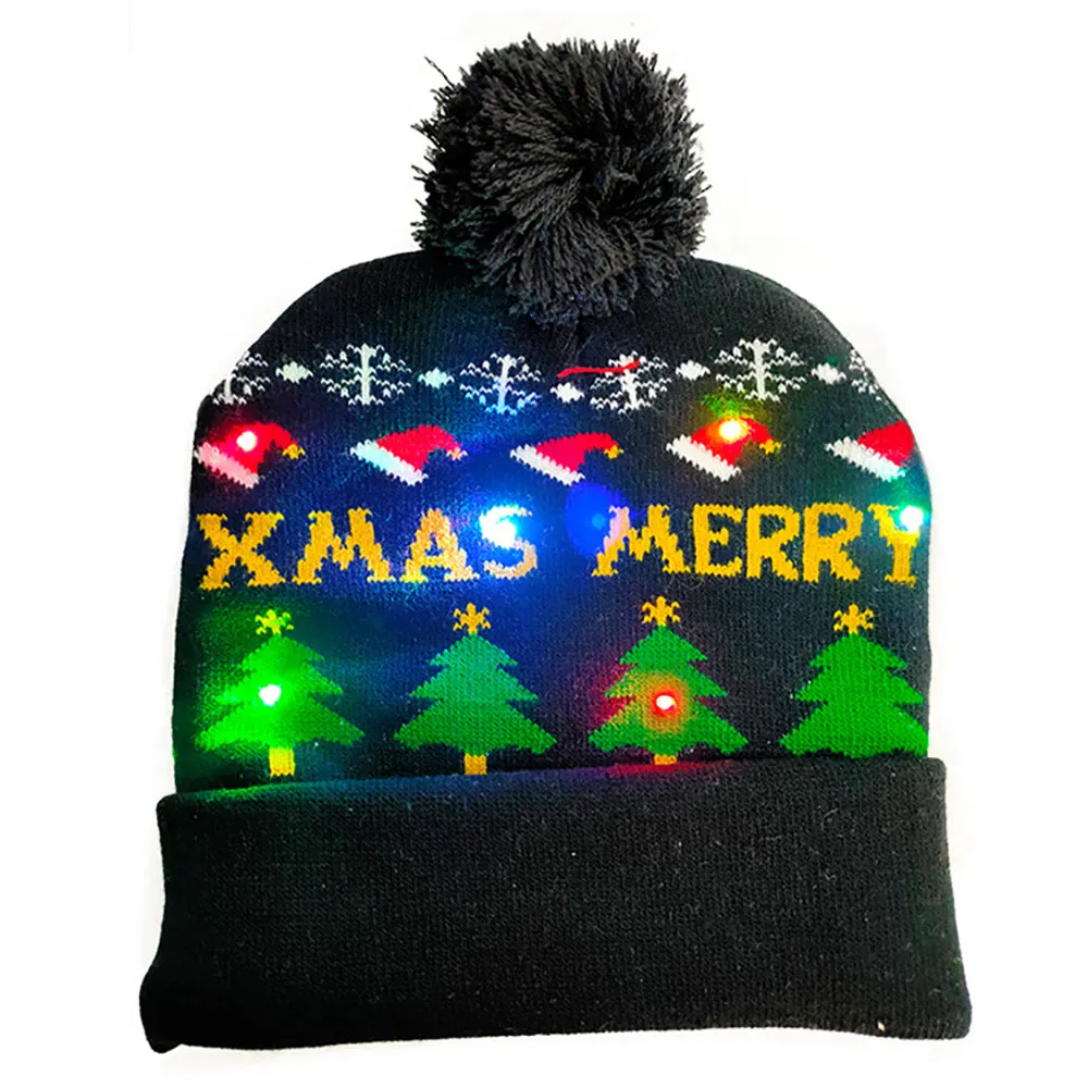 LED Christmas Theme Xmas Beanie Knitted Hat - Battery Operated