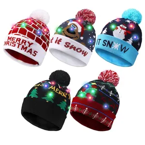 LED Christmas Theme Xmas Beanie Knitted Hat - Battery Operated