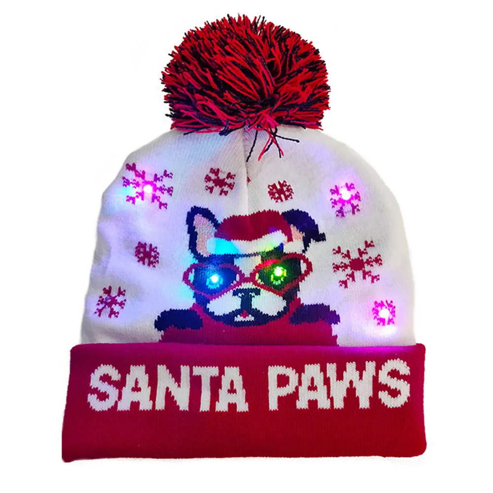 LED Christmas Theme Xmas Beanie Knitted Hat - Battery Operated