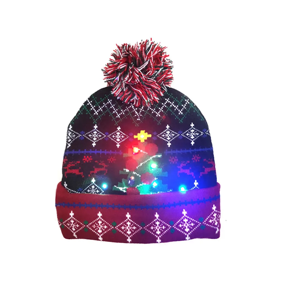 LED Christmas Theme Xmas Beanie Knitted Hat - Battery Operated