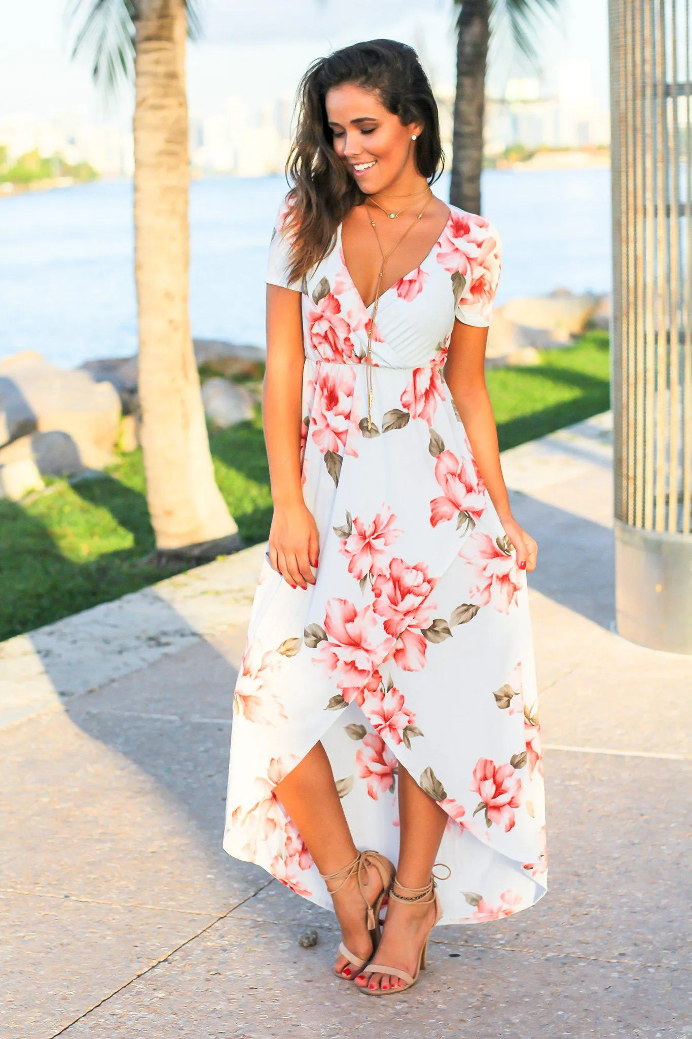 Light Blue and Pink Floral High Low Dress