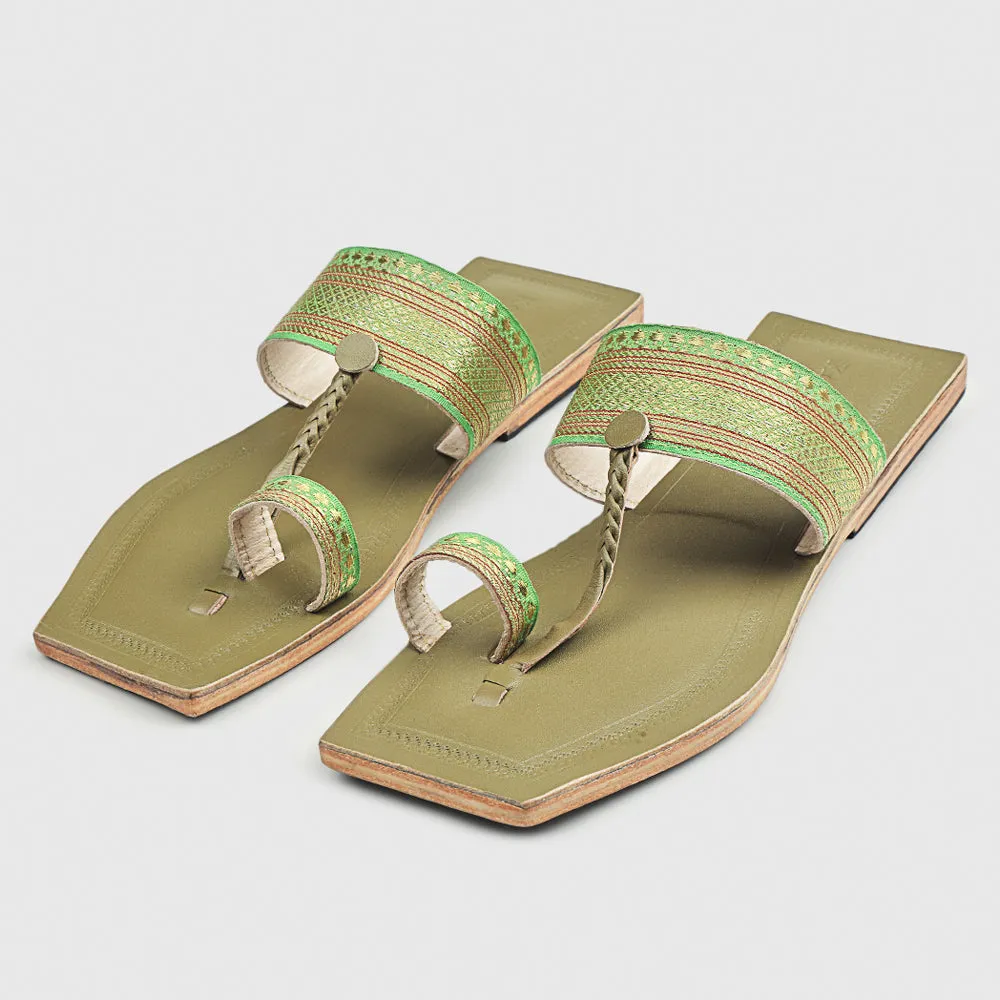 Lime Green Handstitched Leather Kolhapuri Women Slipper