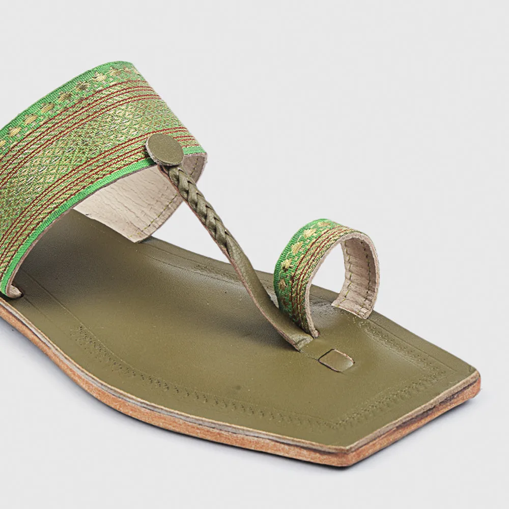 Lime Green Handstitched Leather Kolhapuri Women Slipper