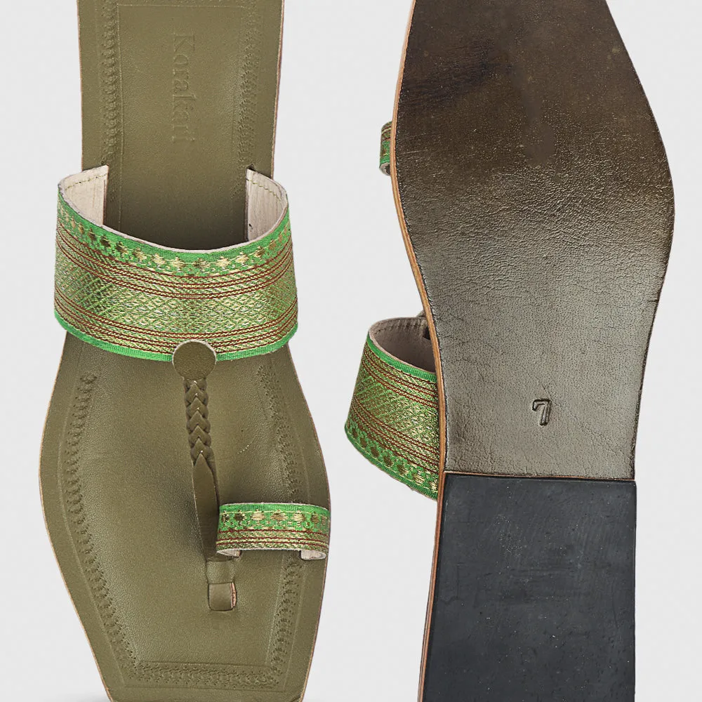 Lime Green Handstitched Leather Kolhapuri Women Slipper