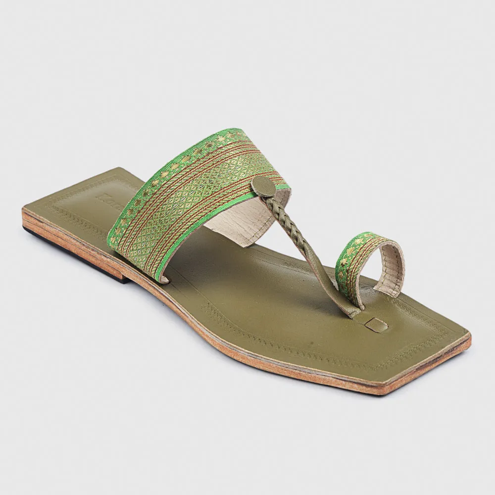 Lime Green Handstitched Leather Kolhapuri Women Slipper