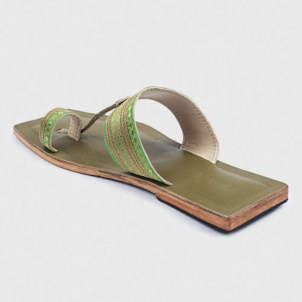 Lime Green Handstitched Leather Kolhapuri Women Slipper