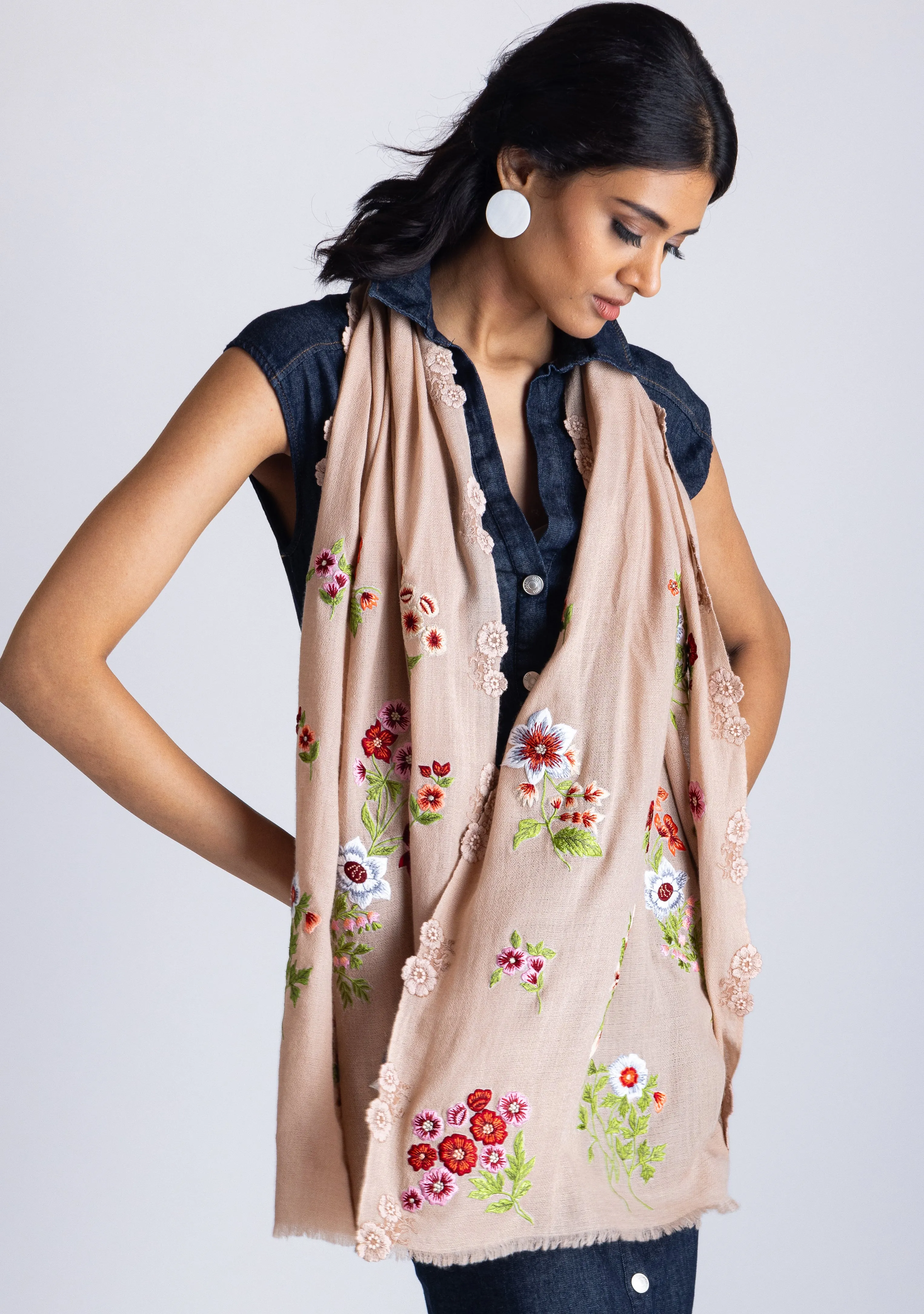 Lt. Copper Cashmere Scarf with Multi-colored Floral Embroidery and Lt. Copper Floral Lace Appliques