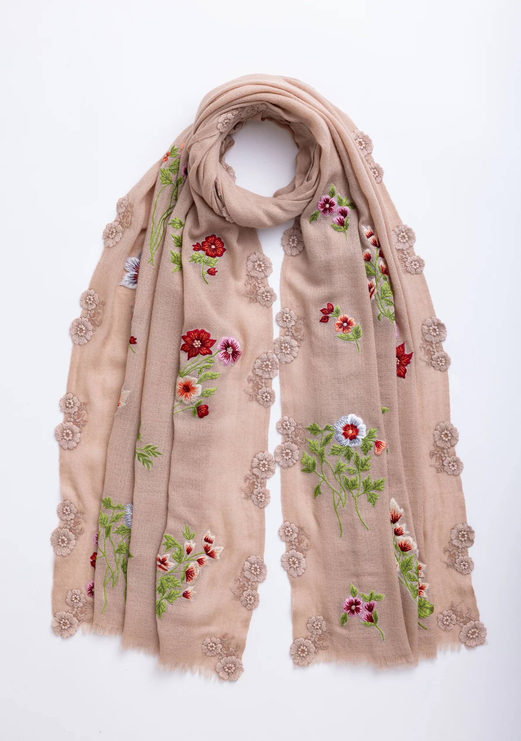 Lt. Copper Cashmere Scarf with Multi-colored Floral Embroidery and Lt. Copper Floral Lace Appliques