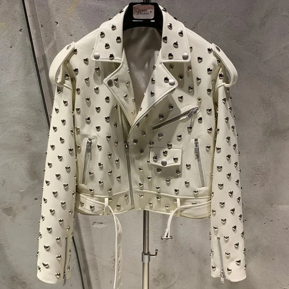 Luxury Leather Heart Studded Moto Jacket