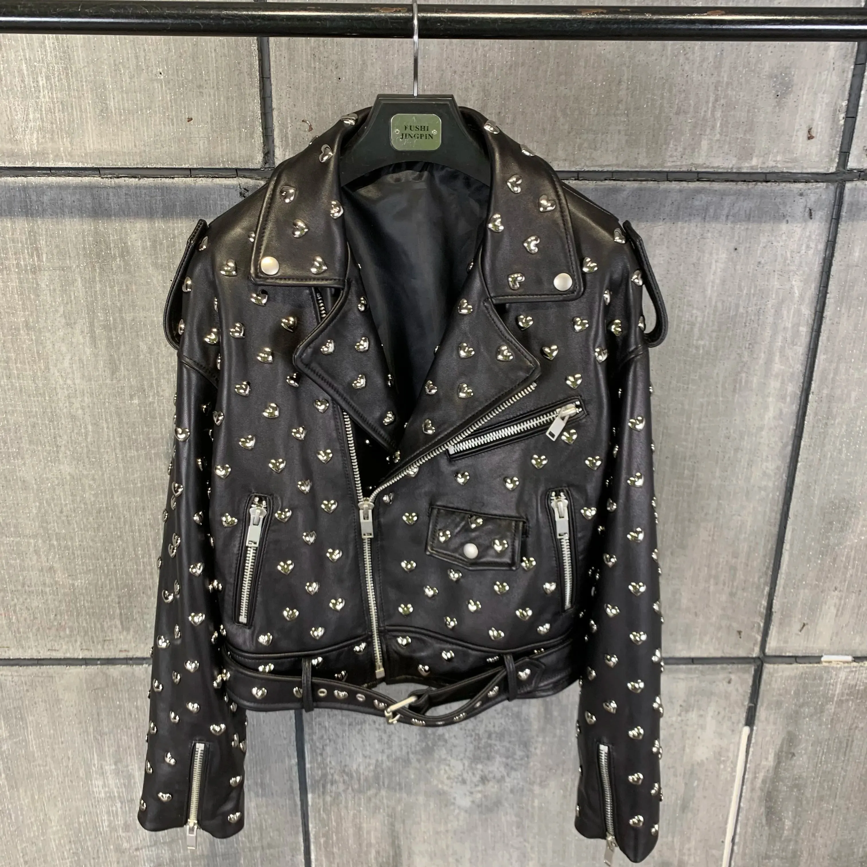 Luxury Leather Heart Studded Moto Jacket