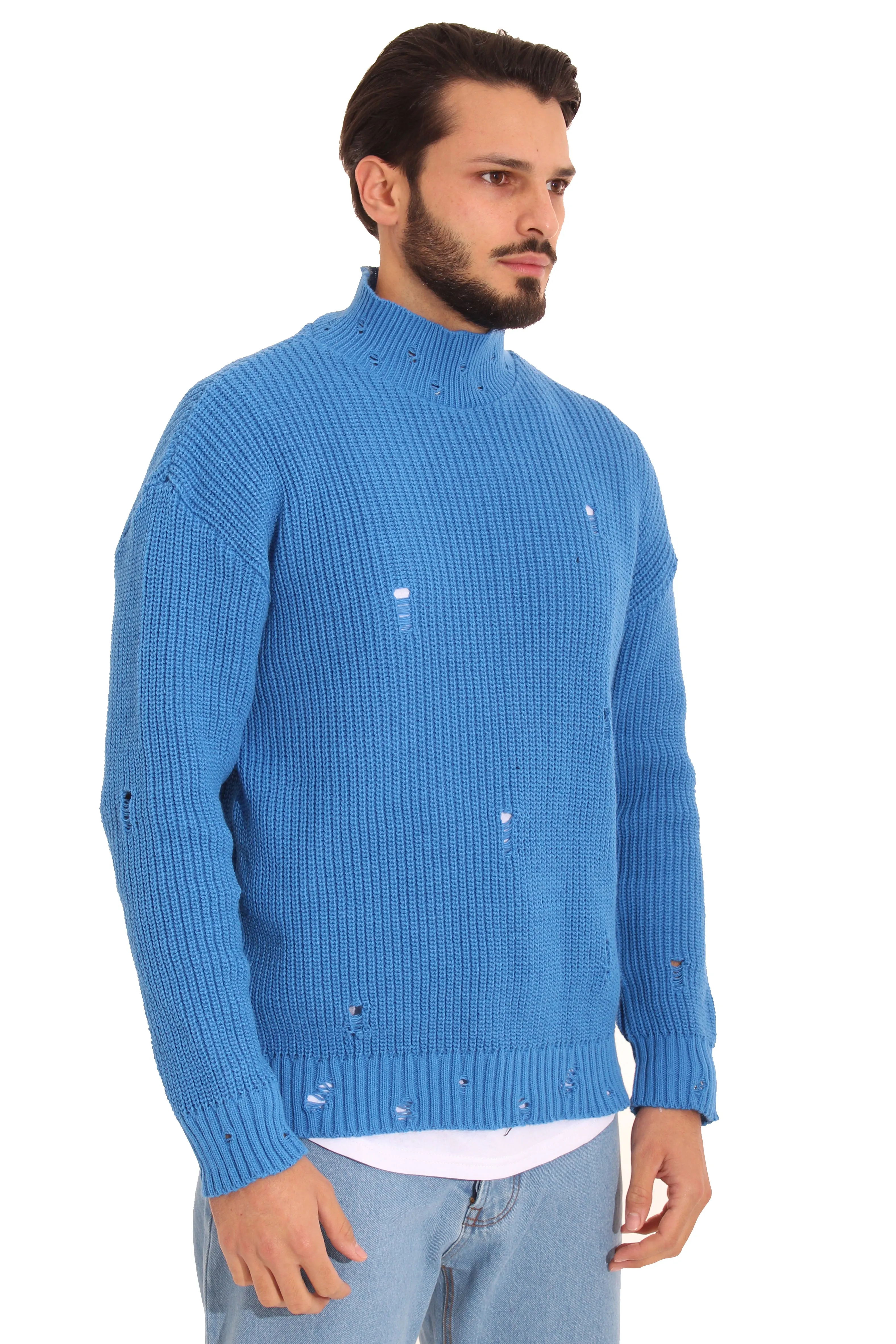 Maglione Uomo Pullover Mezzo Collo Con Abrasioni Art. Mg78