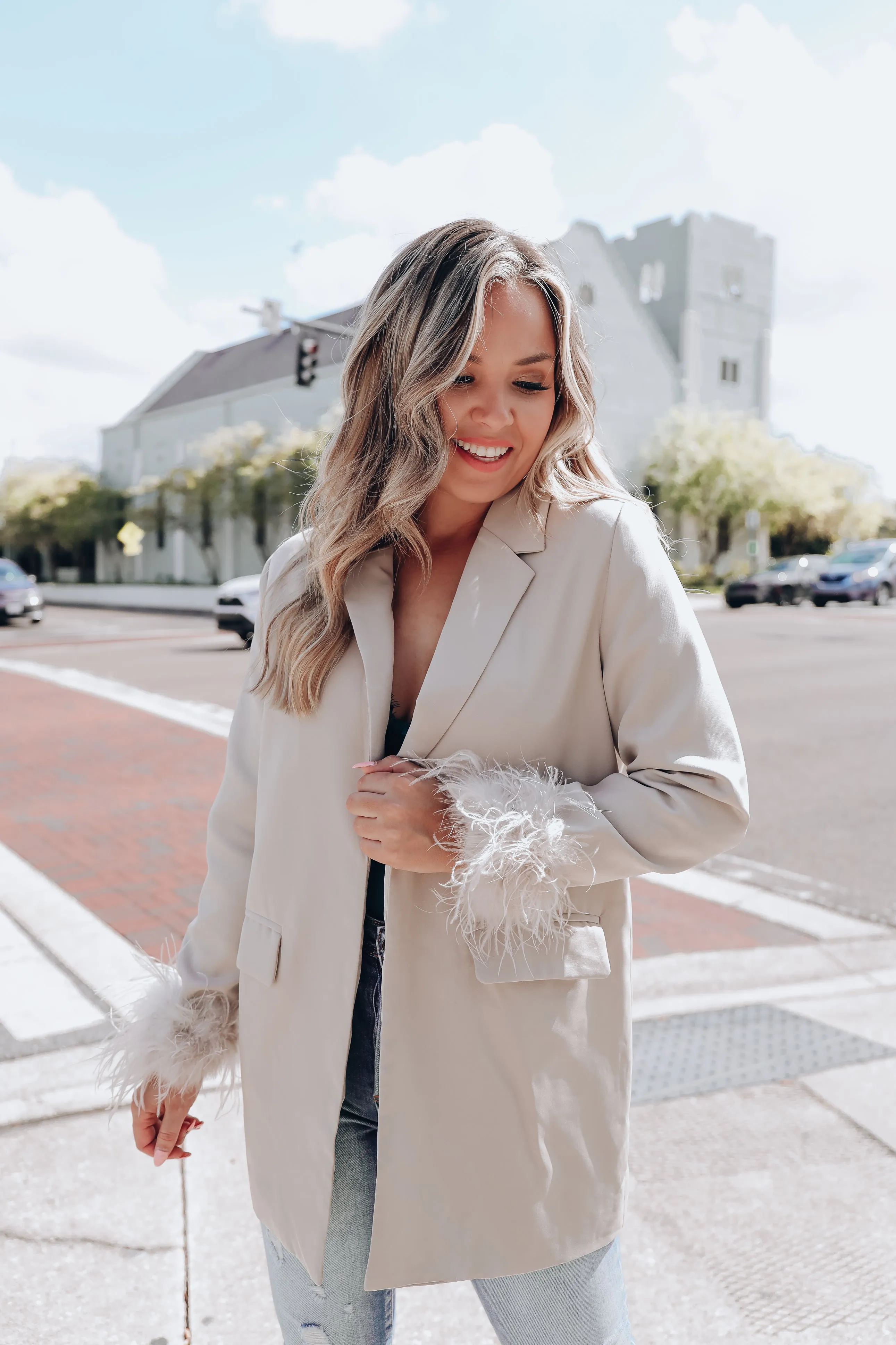 Manette Fluffy Feather Cuff Blazer - Taupe