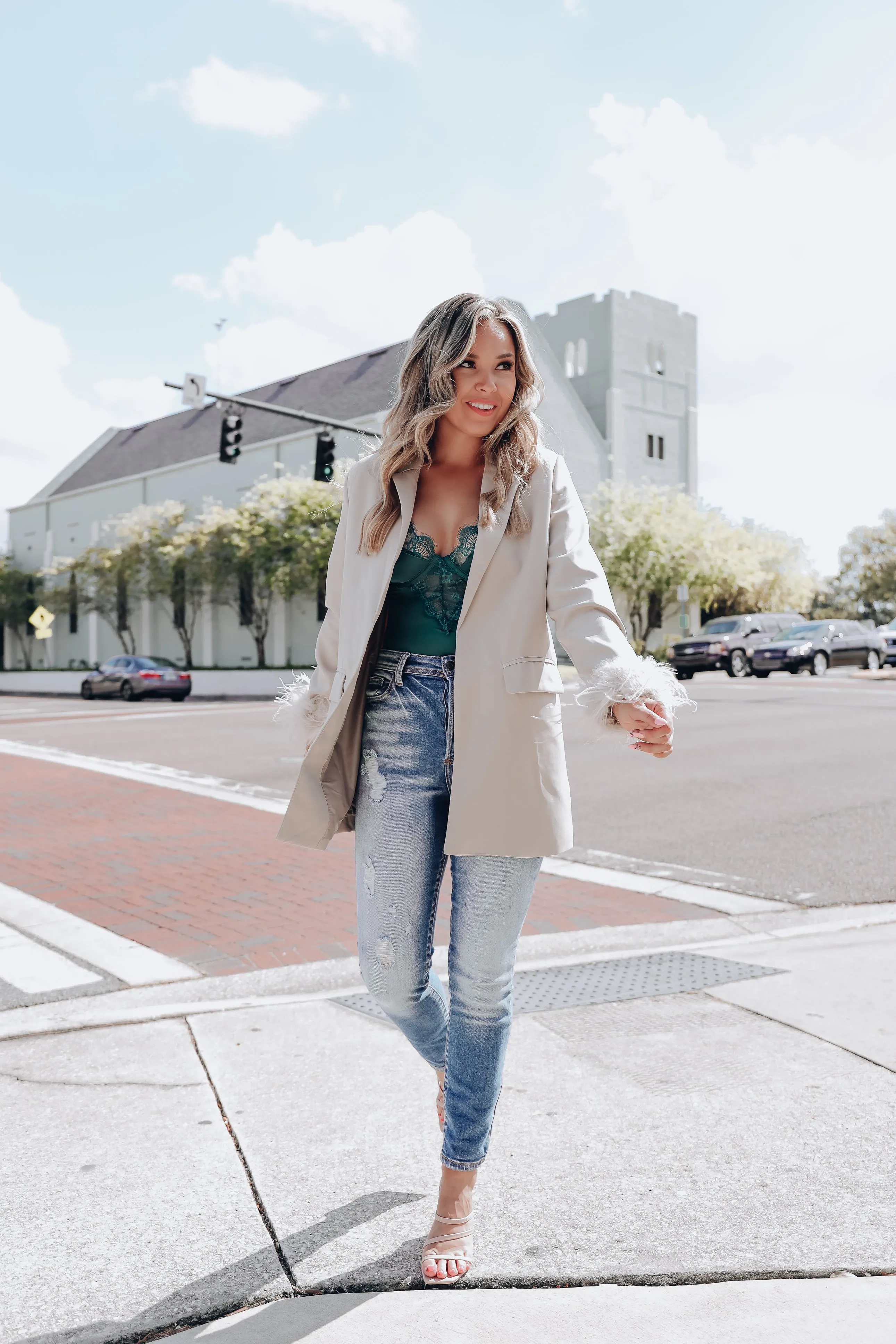 Manette Fluffy Feather Cuff Blazer - Taupe