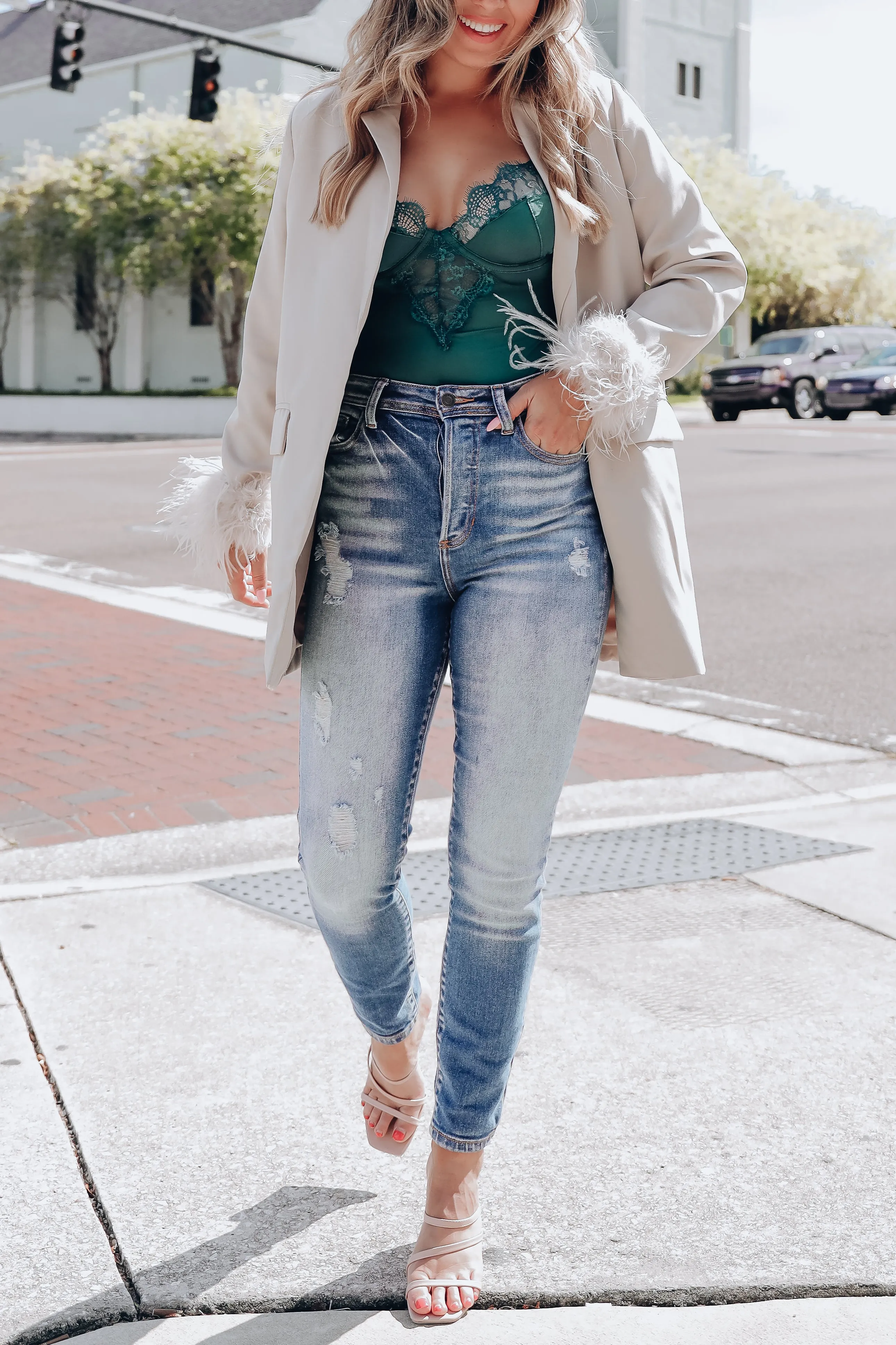 Manette Fluffy Feather Cuff Blazer - Taupe