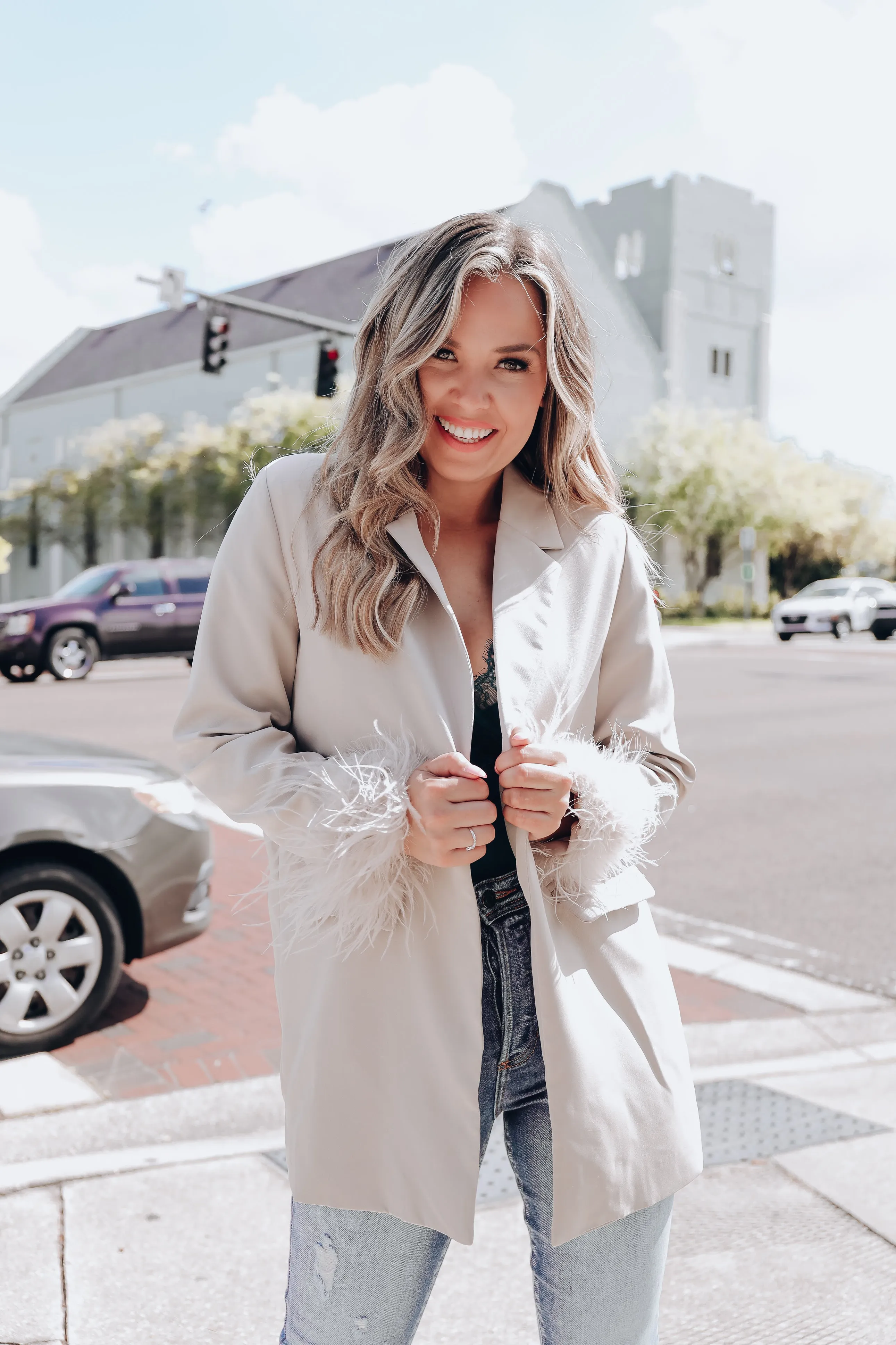 Manette Fluffy Feather Cuff Blazer - Taupe