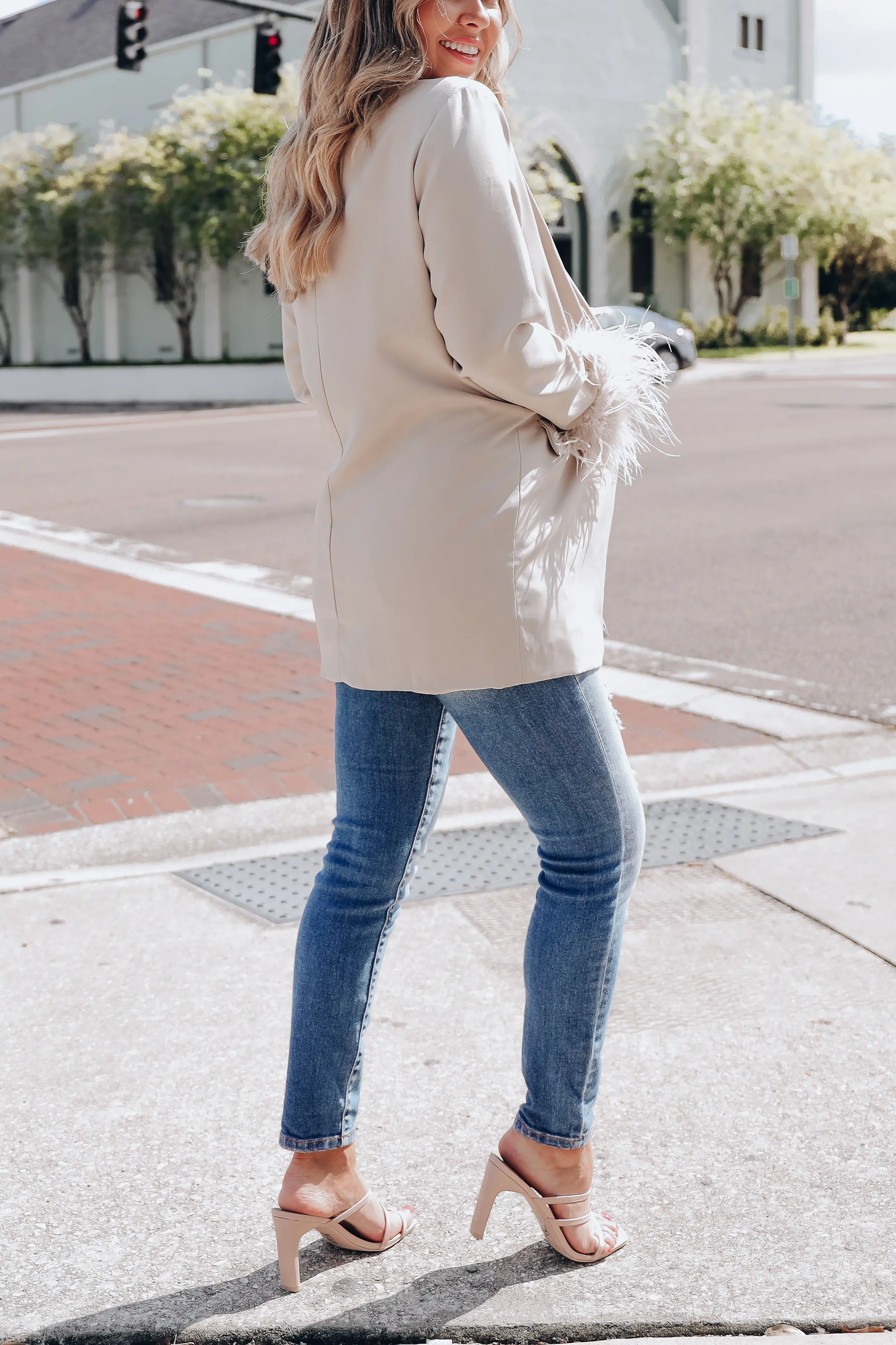 Manette Fluffy Feather Cuff Blazer - Taupe