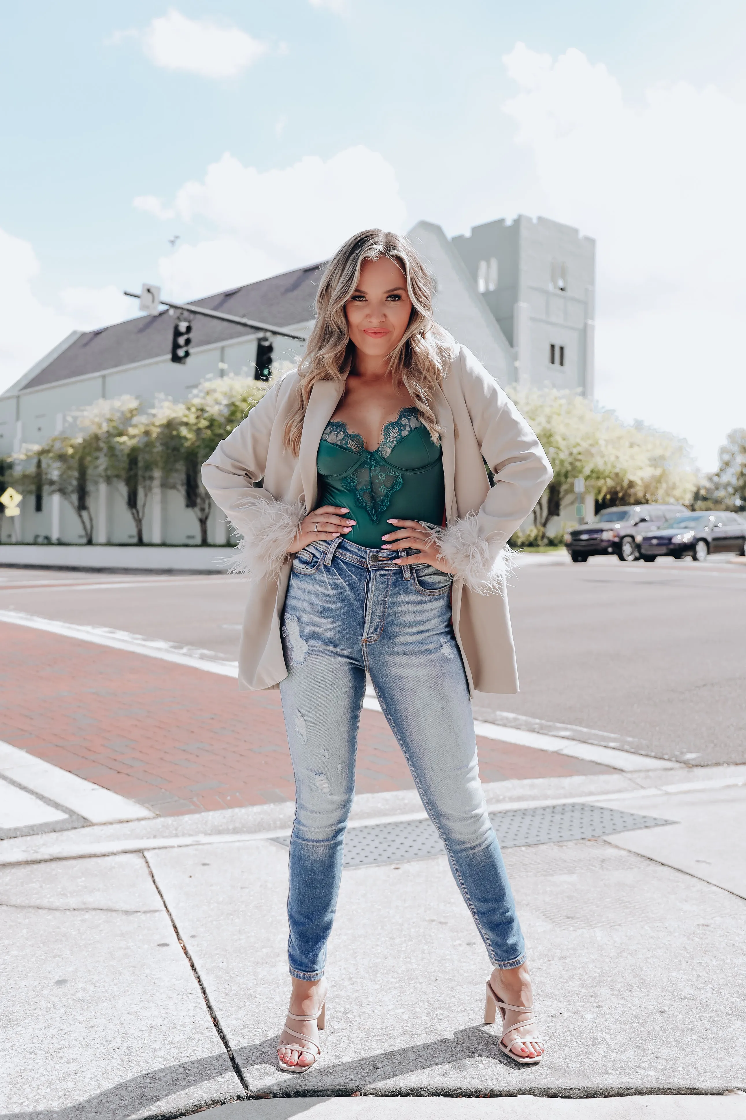 Manette Fluffy Feather Cuff Blazer - Taupe