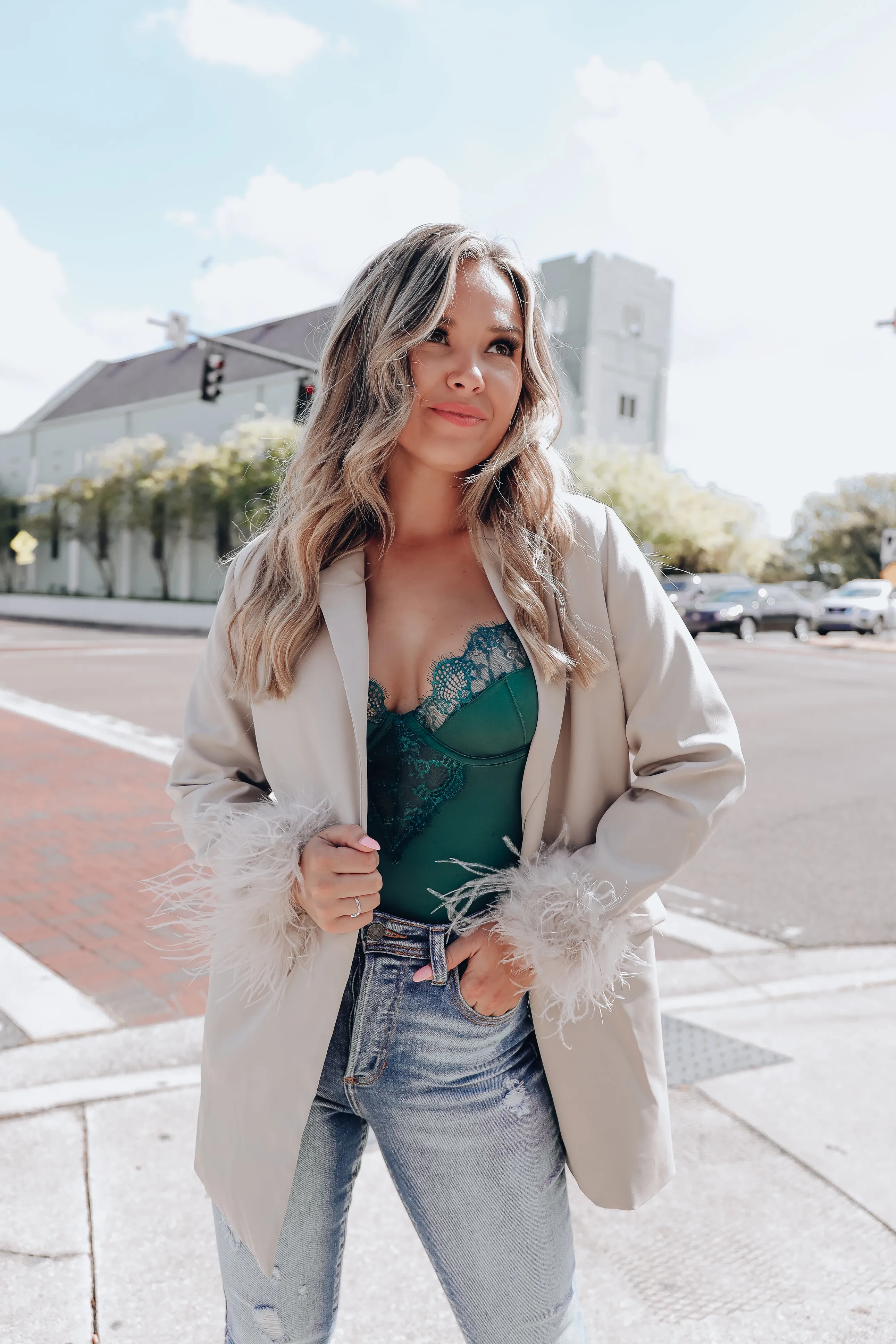 Manette Fluffy Feather Cuff Blazer - Taupe