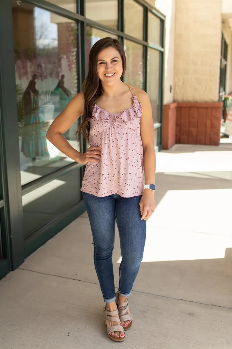 Mauve Floral Ruffle Crossback Tank (SM-3X)