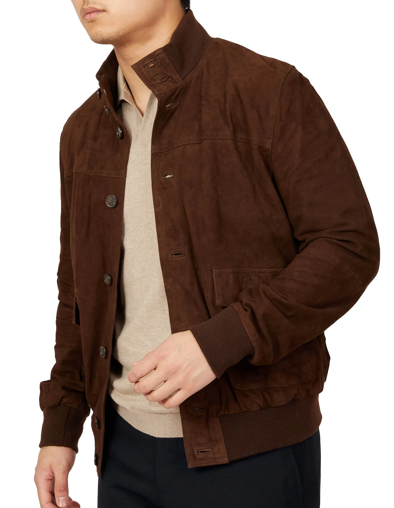 MCKINNON Suede Leather Button Bomber Jacket DARK BROWN