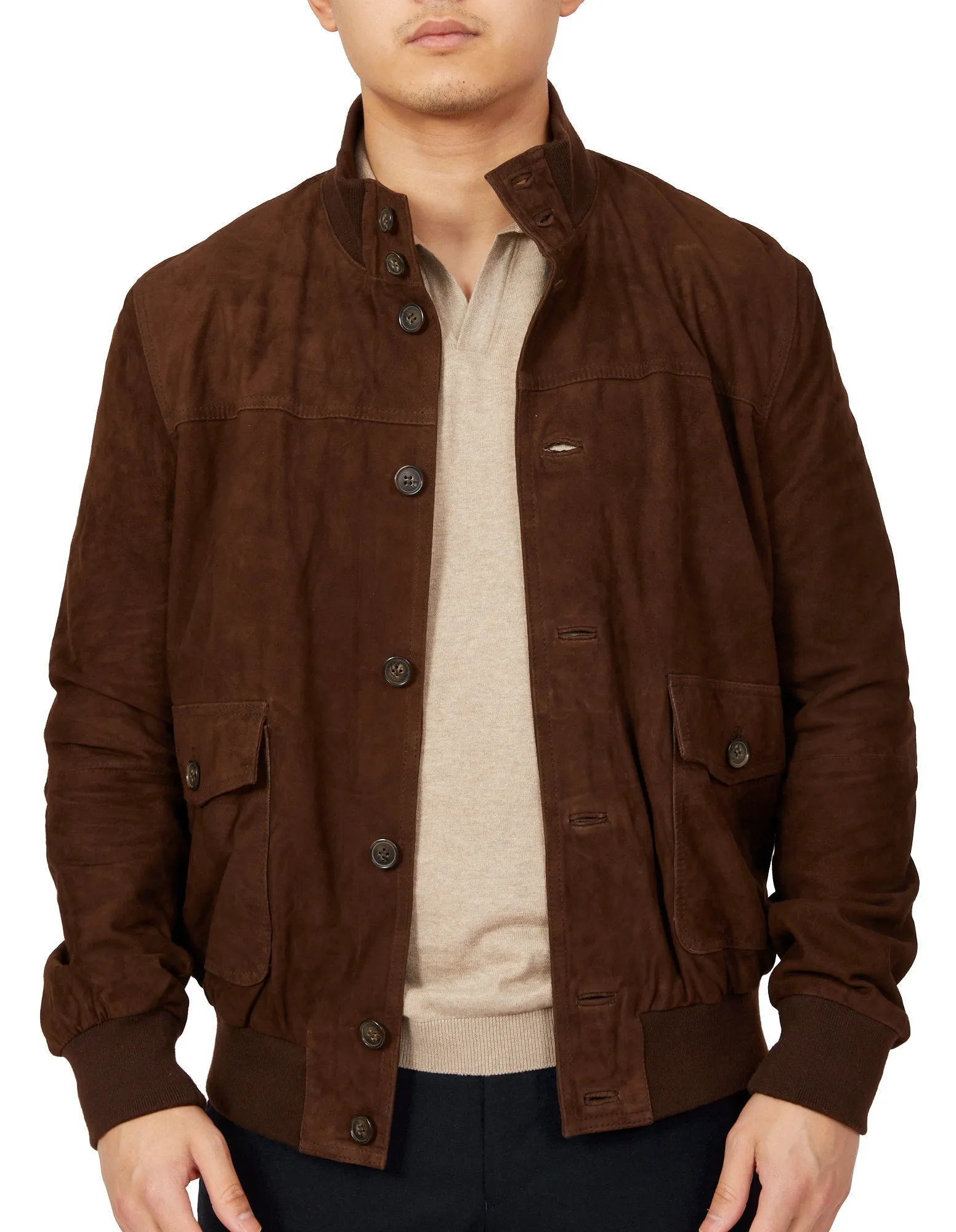 MCKINNON Suede Leather Button Bomber Jacket DARK BROWN