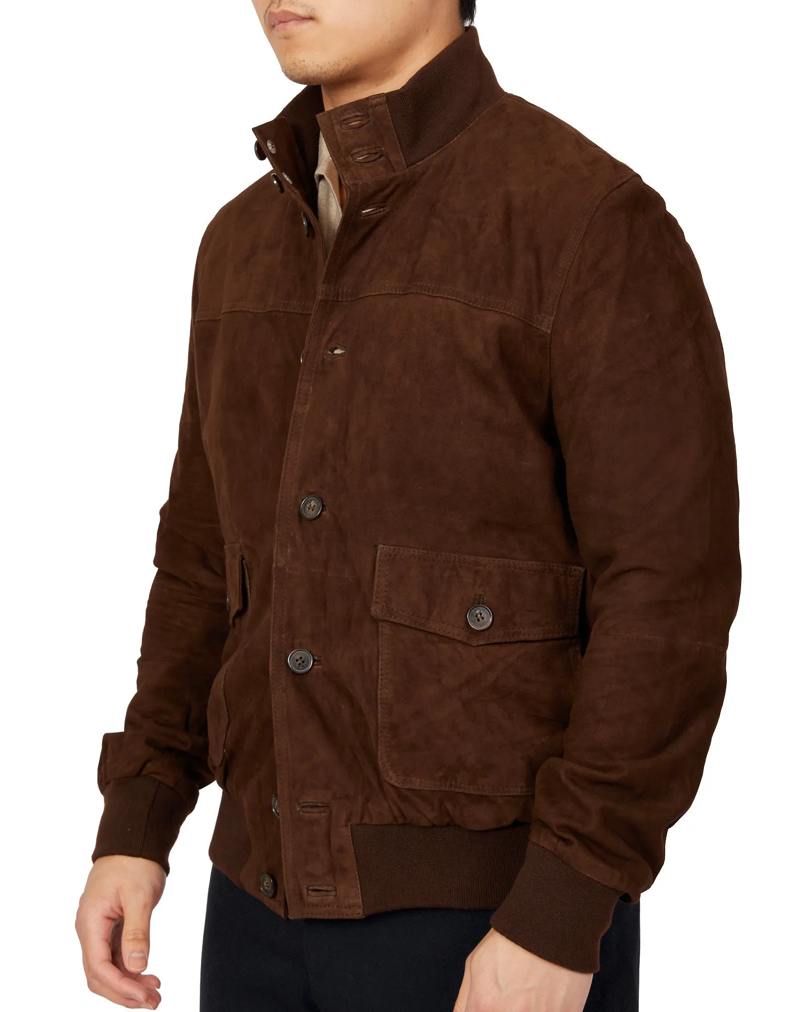 MCKINNON Suede Leather Button Bomber Jacket DARK BROWN