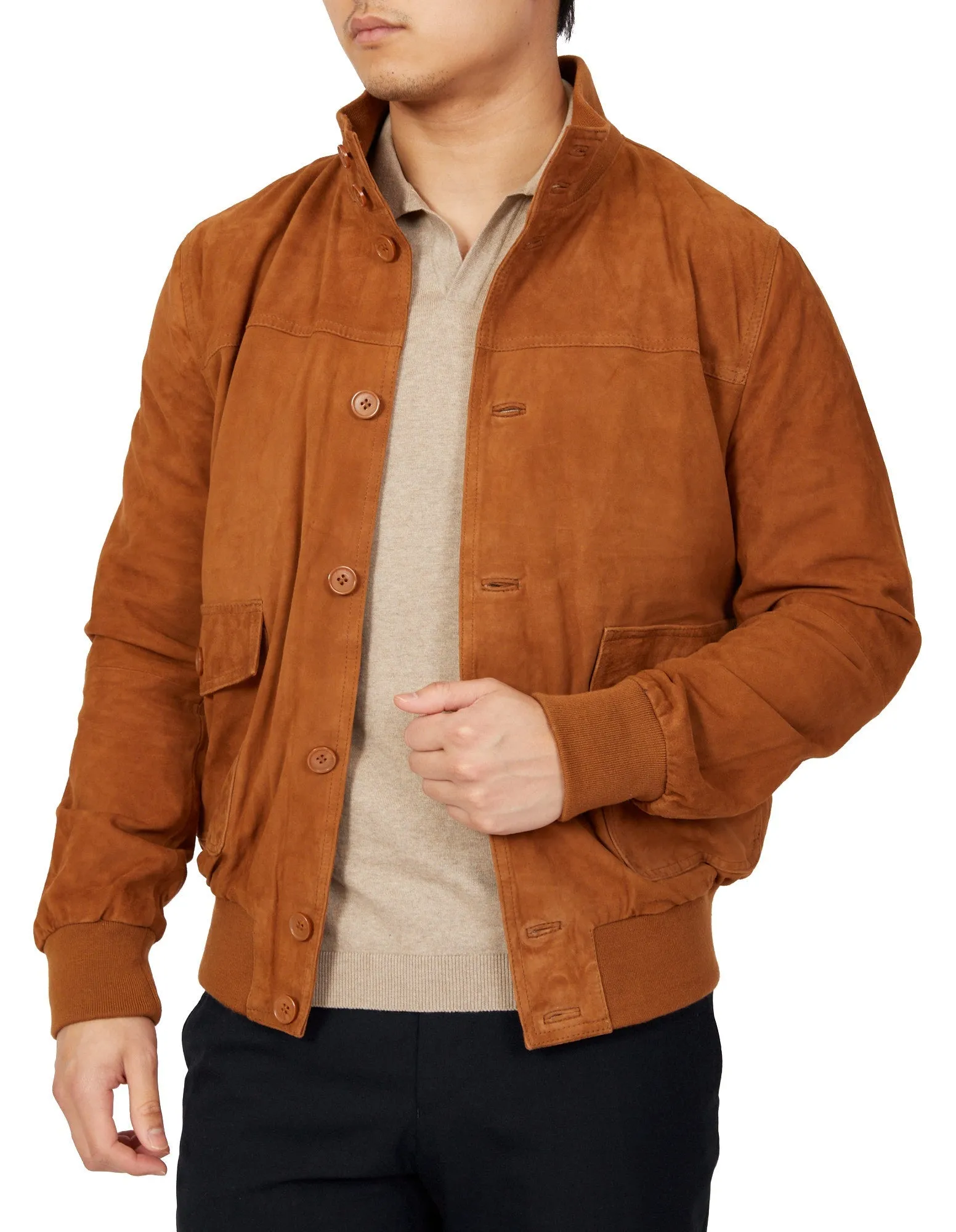 MCKINNON Suede Leather Button Bomber Jacket TAN