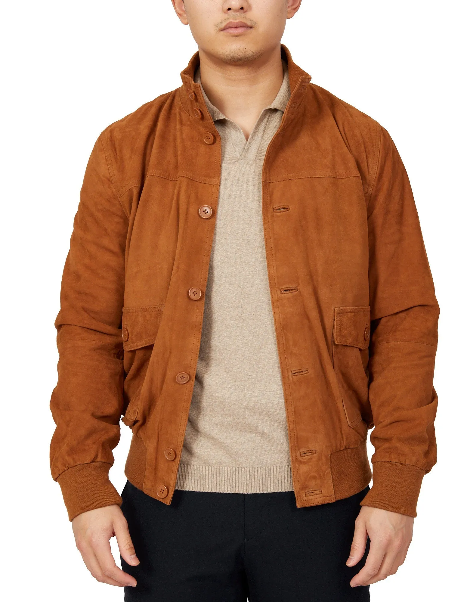 MCKINNON Suede Leather Button Bomber Jacket TAN