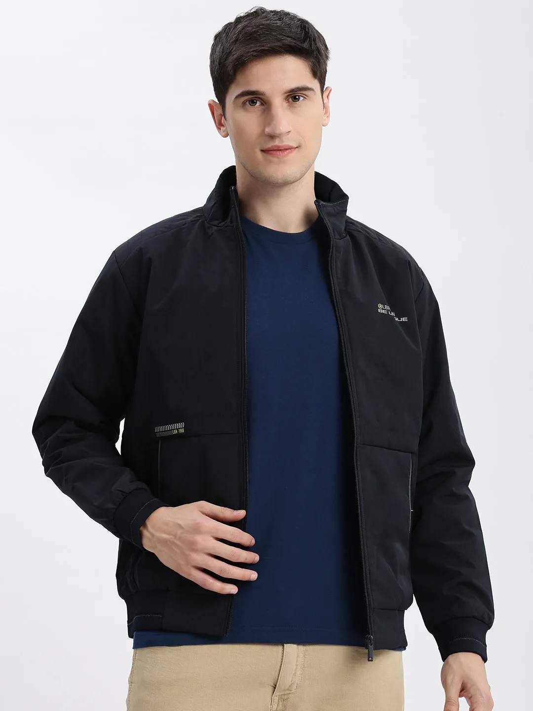 Men Abstract Mock Collar Navy Blue Bomber Jacket