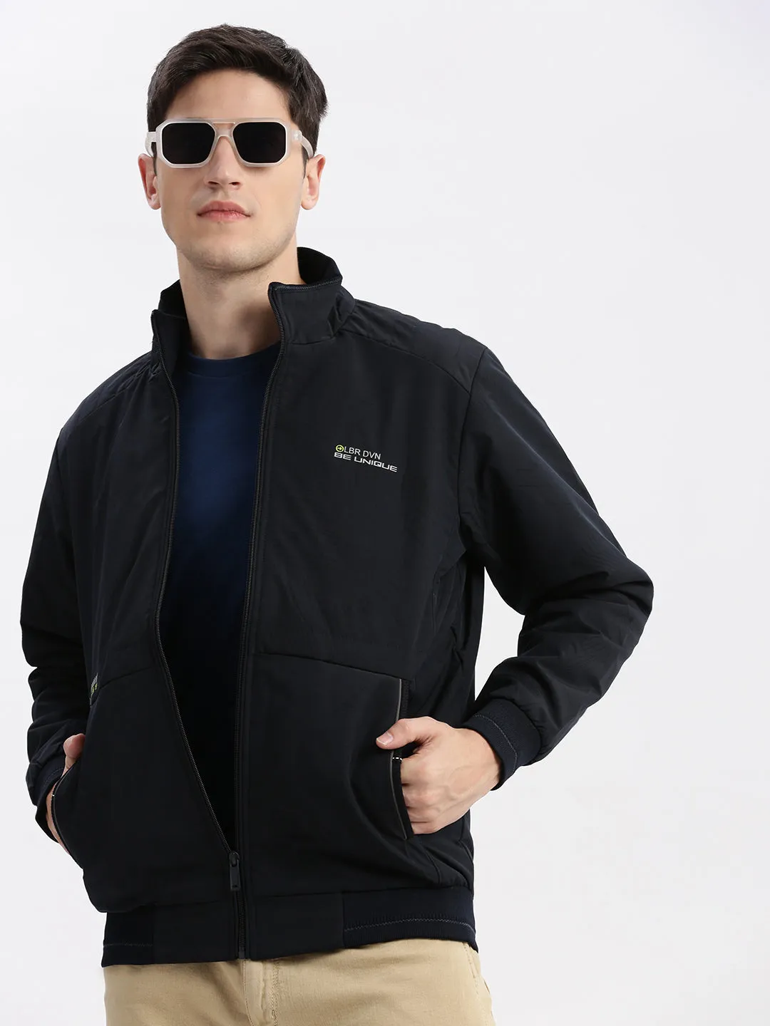 Men Abstract Mock Collar Navy Blue Bomber Jacket