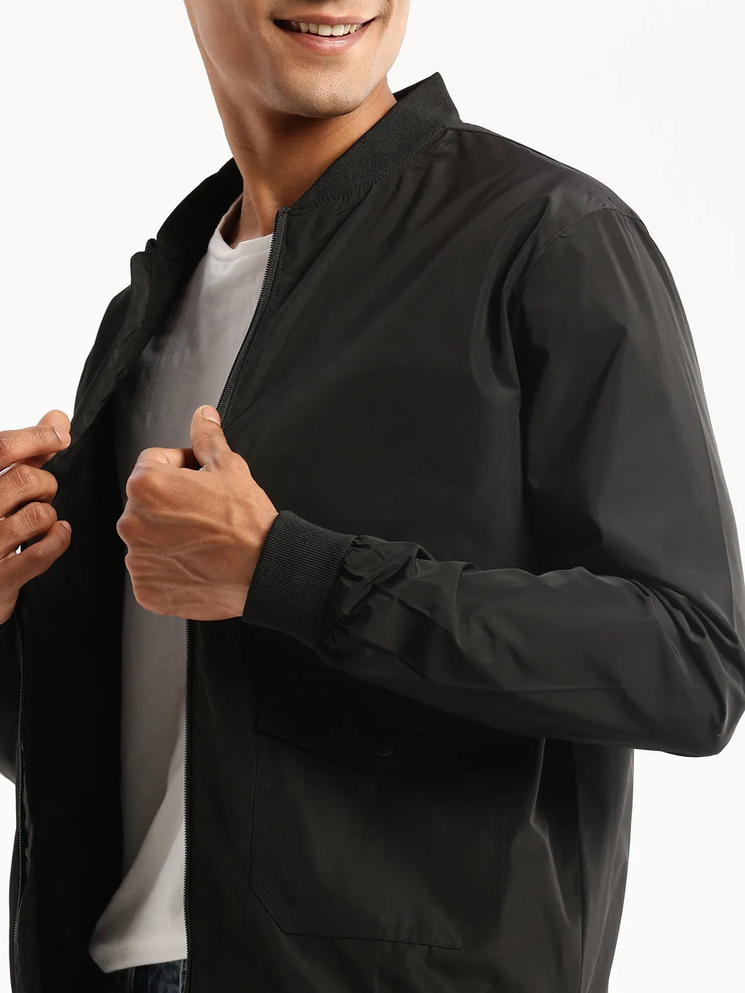 Men Black Mandarin Collar Solid Bomber