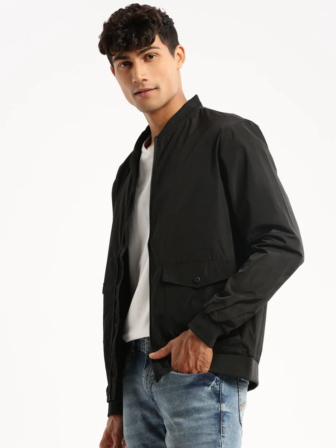 Men Black Mandarin Collar Solid Bomber