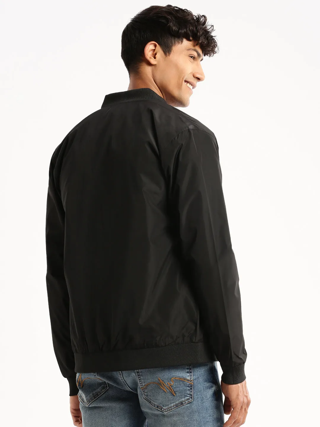 Men Black Mandarin Collar Solid Bomber