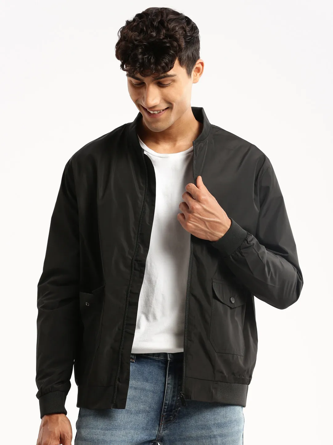 Men Black Mandarin Collar Solid Bomber