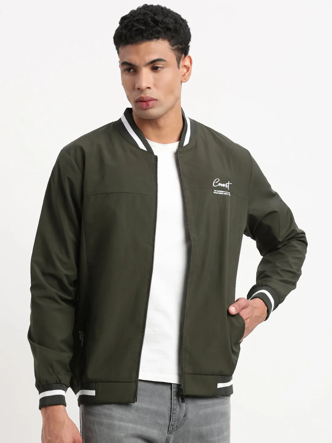 Men Mandarin Collar Olive Solid Bomber Jacket