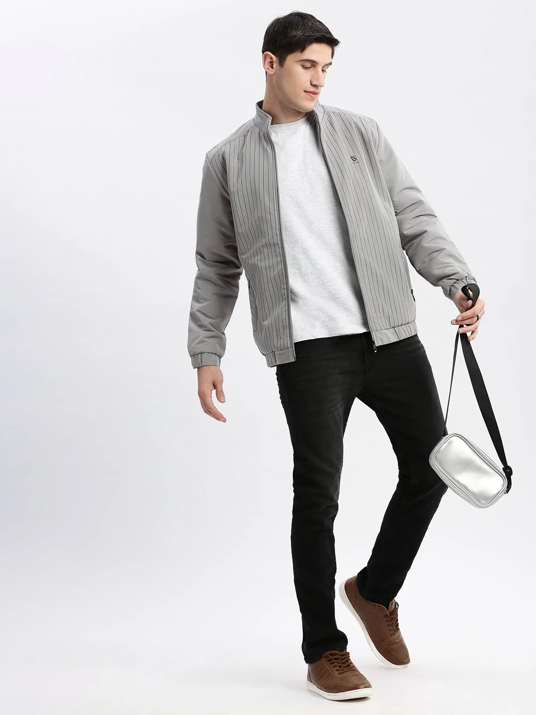 Men Solid Mock Collar Grey Bomber Jacket