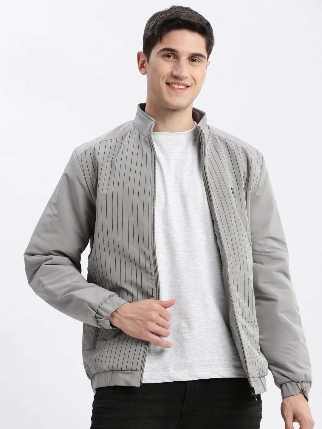 Men Solid Mock Collar Grey Bomber Jacket