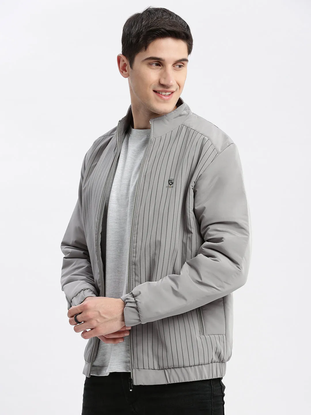 Men Solid Mock Collar Grey Bomber Jacket