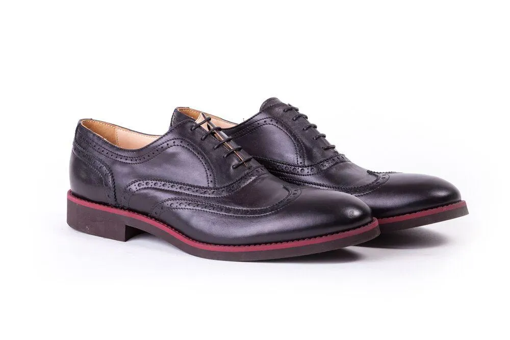 Men's Black & Maroon Accented Brogue Wingtip Brown Sole