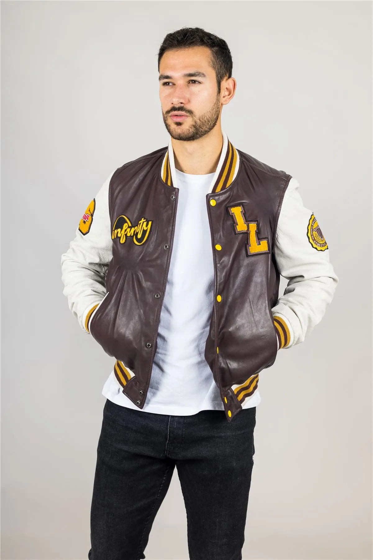 Men's Burgundy Genuine Leather Bomber Jacket Baseball Letterman Coat