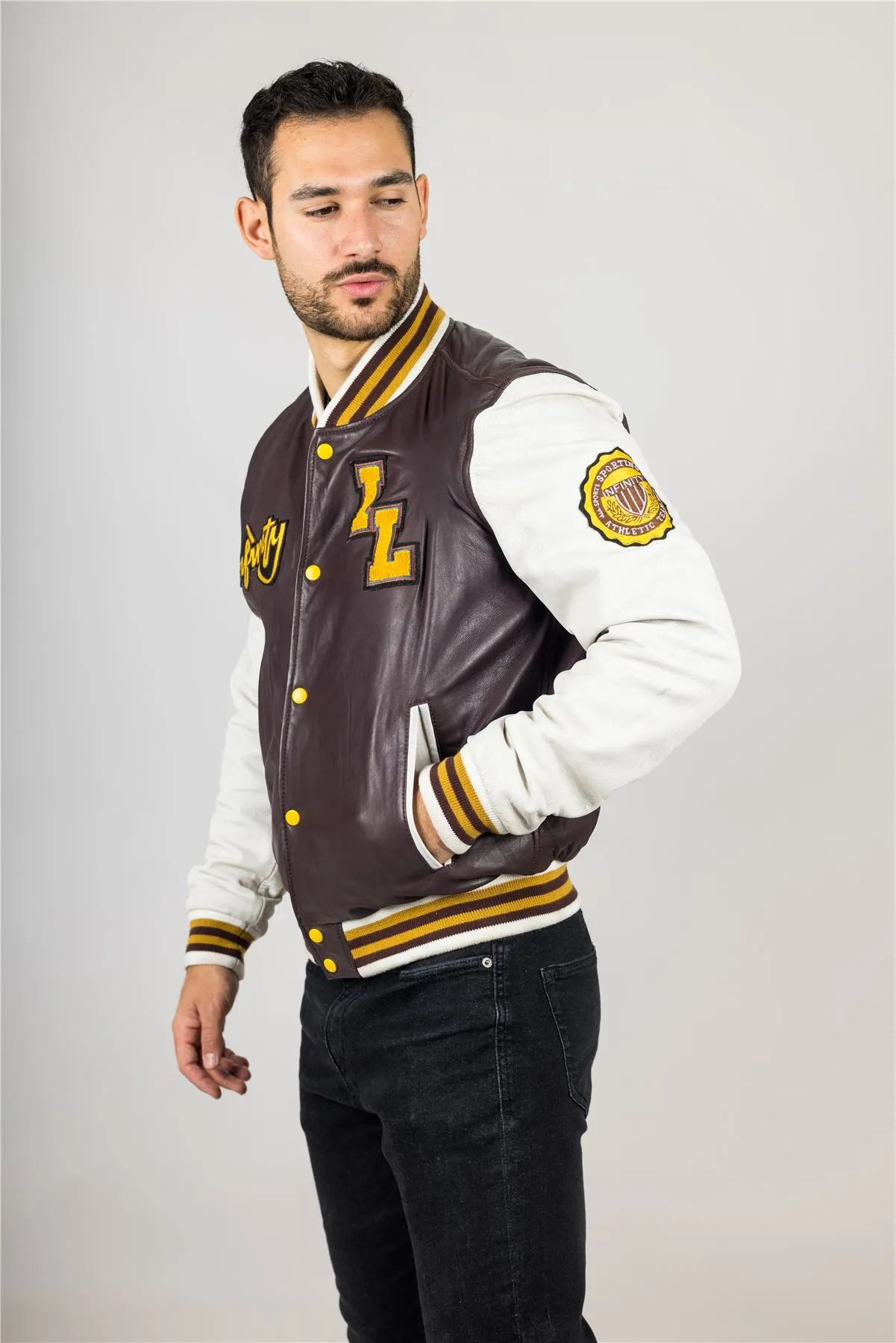 Men's Burgundy Genuine Leather Bomber Jacket Baseball Letterman Coat