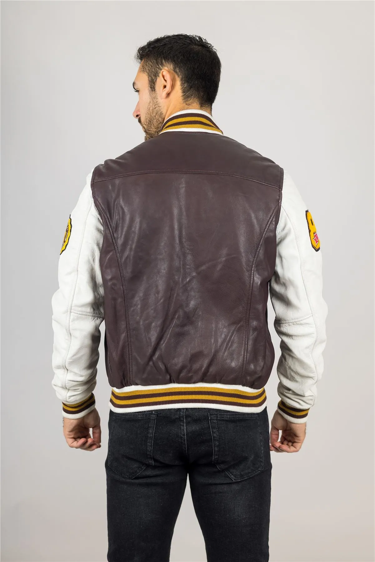 Men's Burgundy Genuine Leather Bomber Jacket Baseball Letterman Coat