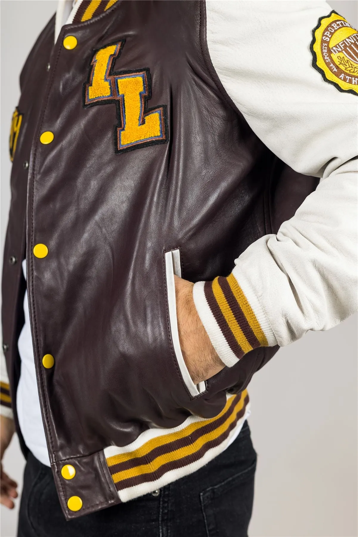 Men's Burgundy Genuine Leather Bomber Jacket Baseball Letterman Coat