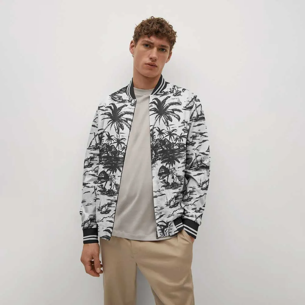 Men's Cut Label Palm Tree Printed Bomber Jacket