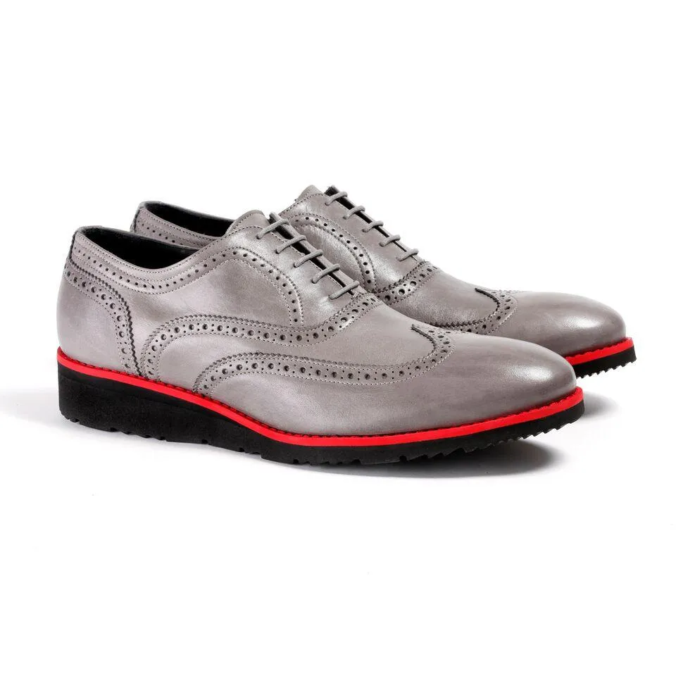 Men's Grey & Red Accented Brogue Wingtip on Black Wedge Sole (EX-129)