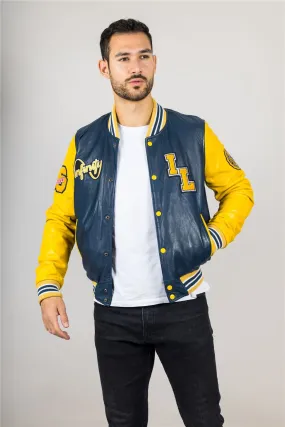 Men's Navy Blue Genuine Leather Bomber Jacket Baseball Letterman Coat