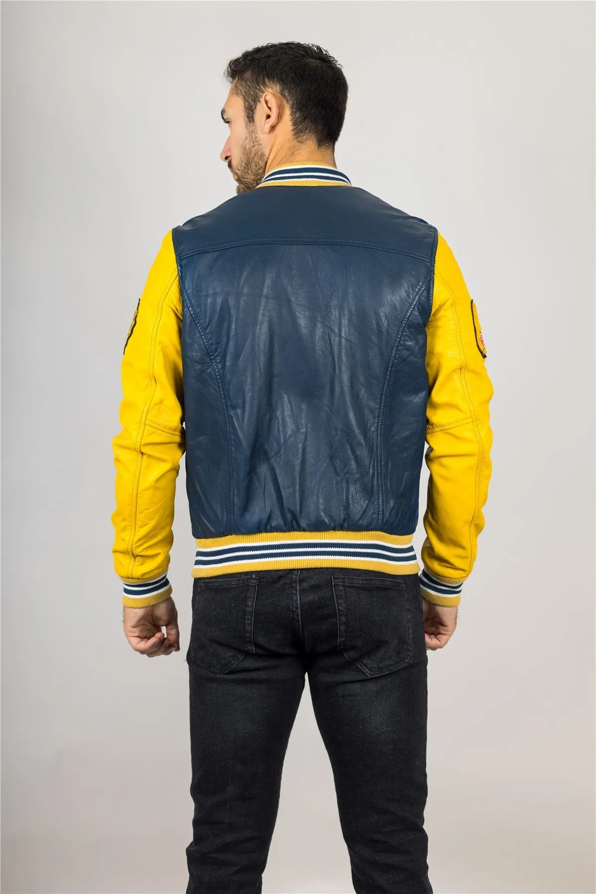 Men's Navy Blue Genuine Leather Bomber Jacket Baseball Letterman Coat