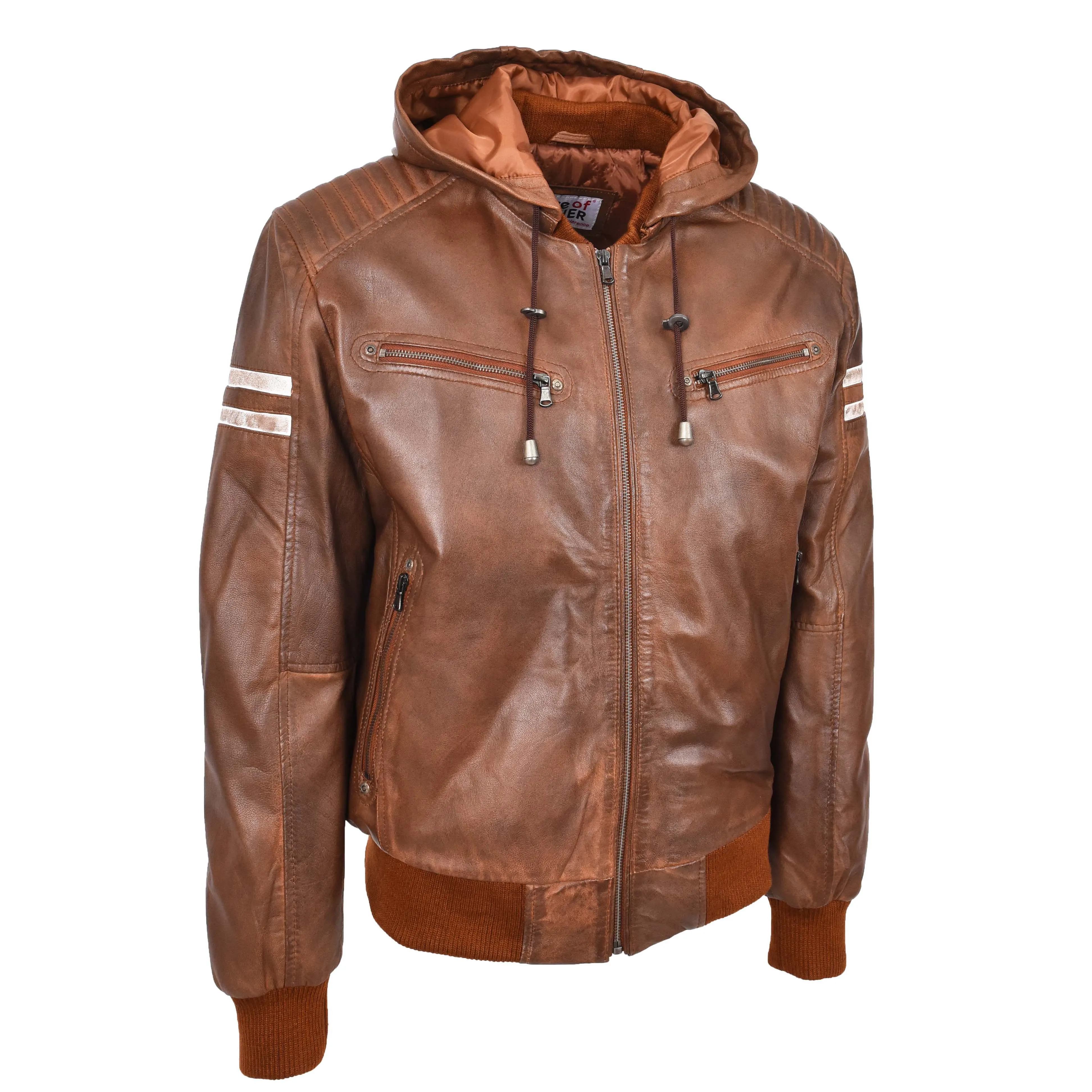 Mens Real Leather Bomber Zip up Detachable Hoodie Jacket REMMY Cognac